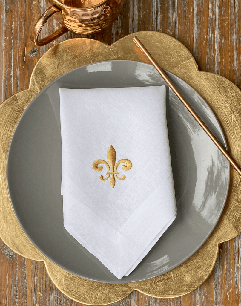 Fleur De Lis Embroidered Cloth Dinner Napkins - Set of 4 napkins - White Tulip Embroidery
