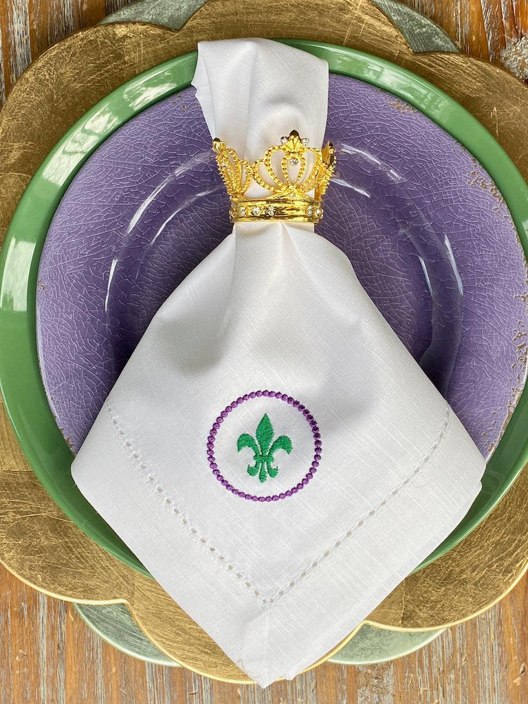 Fleur de Lis Mardi Gras Cloth Napkins - Set of 4 napkins - White Tulip Embroidery