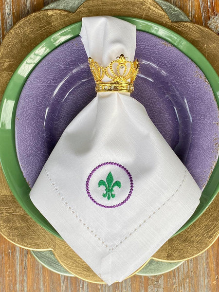 Fleur de Lis Mardi Gras Cloth Napkins - Set of 4 napkins - White Tulip Embroidery