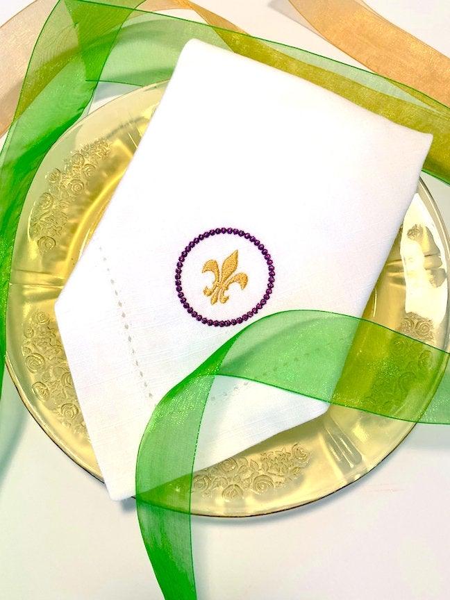 Fleur de Lis Mardi Gras Cloth Napkins - Set of 4 napkins - White Tulip Embroidery