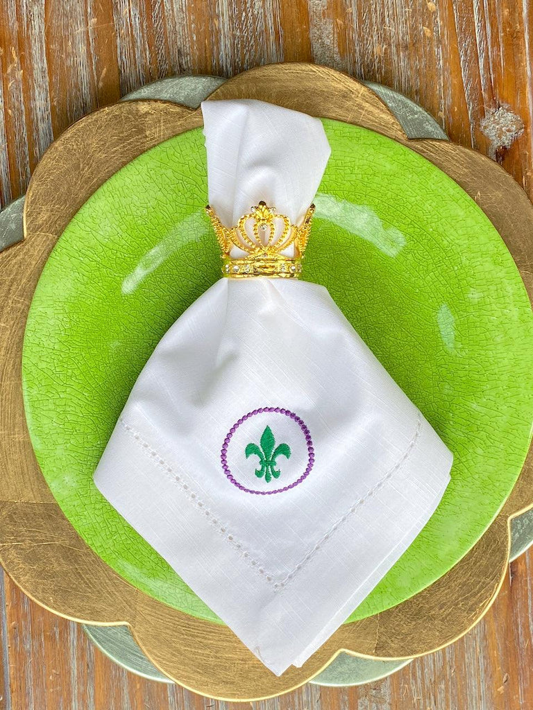 Fleur de Lis Mardi Gras Cloth Napkins - Set of 4 napkins - White Tulip Embroidery