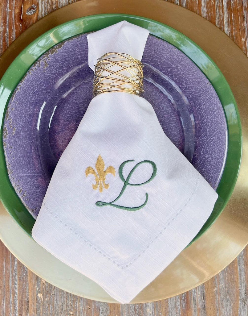 Fleur de Lis Monogrammed Cloth Dinner Napkins - Set of 4 napkins - White Tulip Embroidery