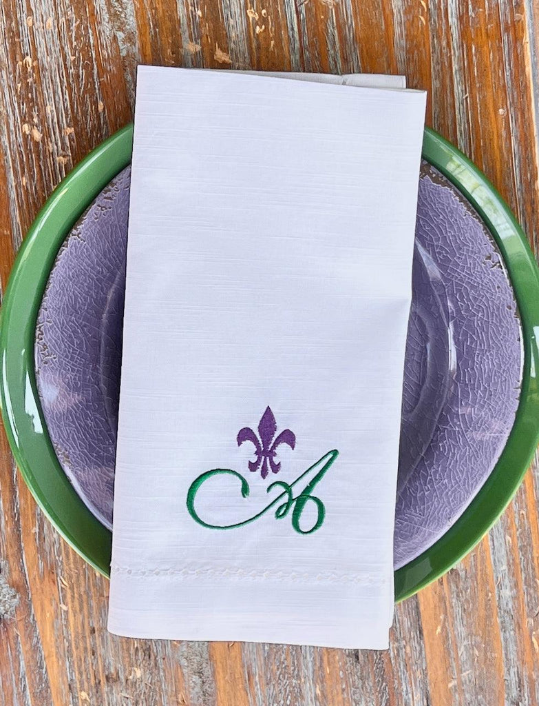 Fleur de Lis Monogrammed Cloth Dinner Napkins - Set of 4 napkins - White Tulip Embroidery