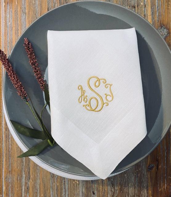 3 Letter Bulk Monogrammed Wedding Napkins, Set of 50, Embroidered Cloth Dinner Napkins - White Tulip Embroidery