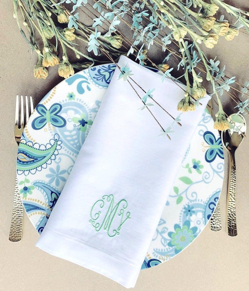 Florence Monogrammed Cloth Dinner Napkins - Set of 4 napkins - White Tulip Embroidery
