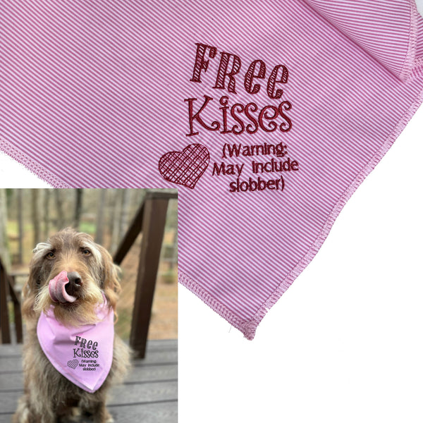 Free Dog Kisses Dog Bandana, Plaid or Striped Embroidered Dog Handkerchief, Valentine Dog Bandana - White Tulip Embroidery