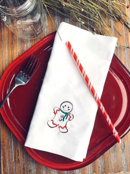 Gingerbread Cloth Napkins - Set of 4 Christmas napkins - White Tulip Embroidery