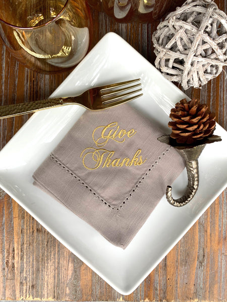 Give Thanks Thanksgiving Embroidered Cloth Dinner Napkins - Set of 4 napkins - White Tulip Embroidery