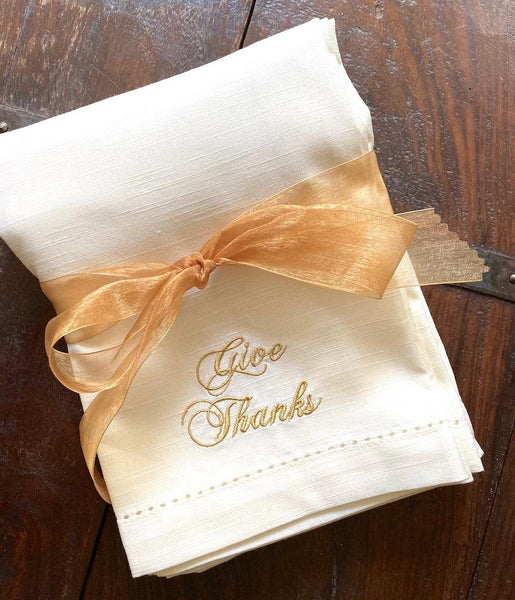 Give Thanks Thanksgiving Embroidered Cloth Dinner Napkins - Set of 4 napkins - White Tulip Embroidery