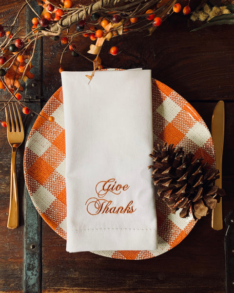 Give Thanks Thanksgiving Embroidered Cloth Dinner Napkins - Set of 4 napkins - White Tulip Embroidery