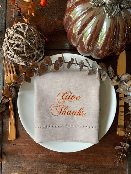 Give Thanks Thanksgiving Embroidered Cloth Dinner Napkins - Set of 4 napkins - White Tulip Embroidery