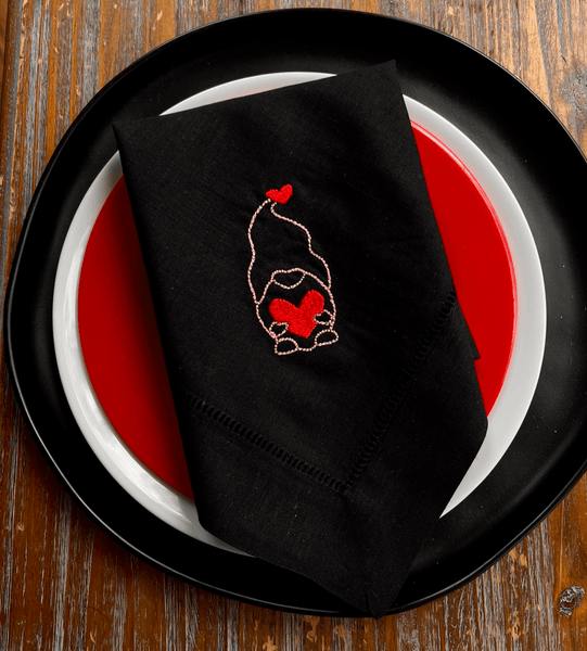 Gnome Heart Embroidered Cloth Napkins - Set of 4 napkins - White Tulip Embroidery