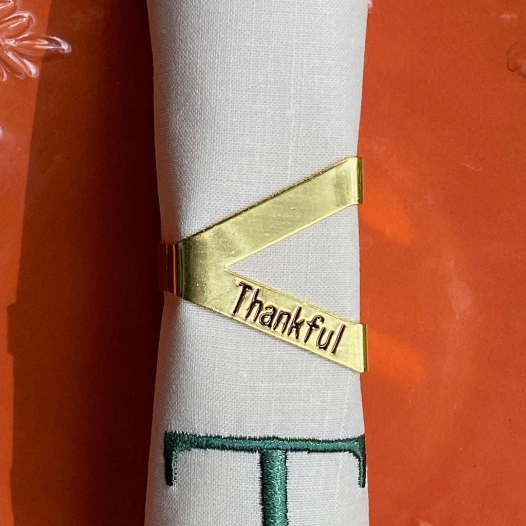 Gold Thankful Metal Napkin Rings, Set of 6, Thanksgiving napkin rings - White Tulip Embroidery