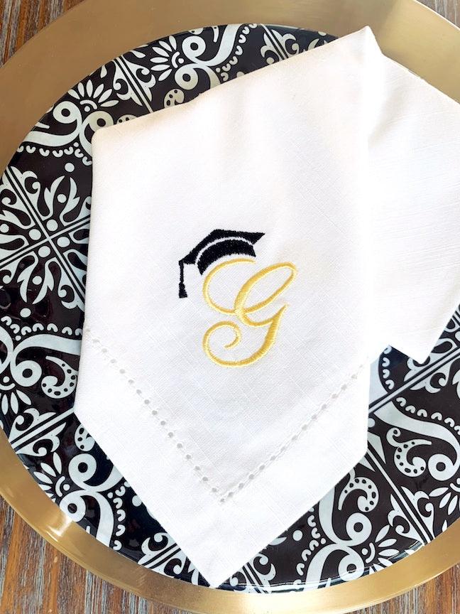 Graduation Monogrammed Cloth Napkins - Set of 4 graduation napkins - White Tulip Embroidery