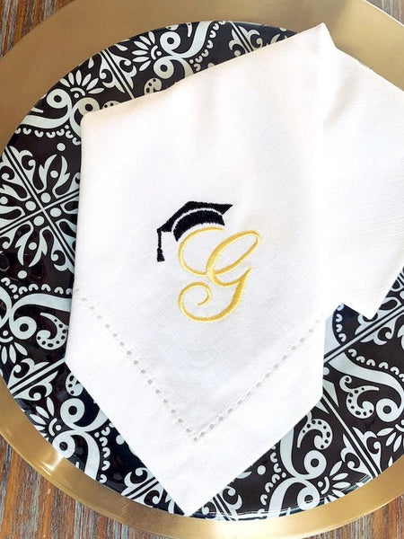 Graduation Monogrammed Cloth Napkins - Set of 4 graduation napkins - White Tulip Embroidery