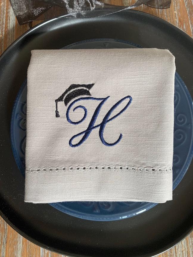 Graduation Monogrammed Cloth Napkins - Set of 4 graduation napkins - White Tulip Embroidery