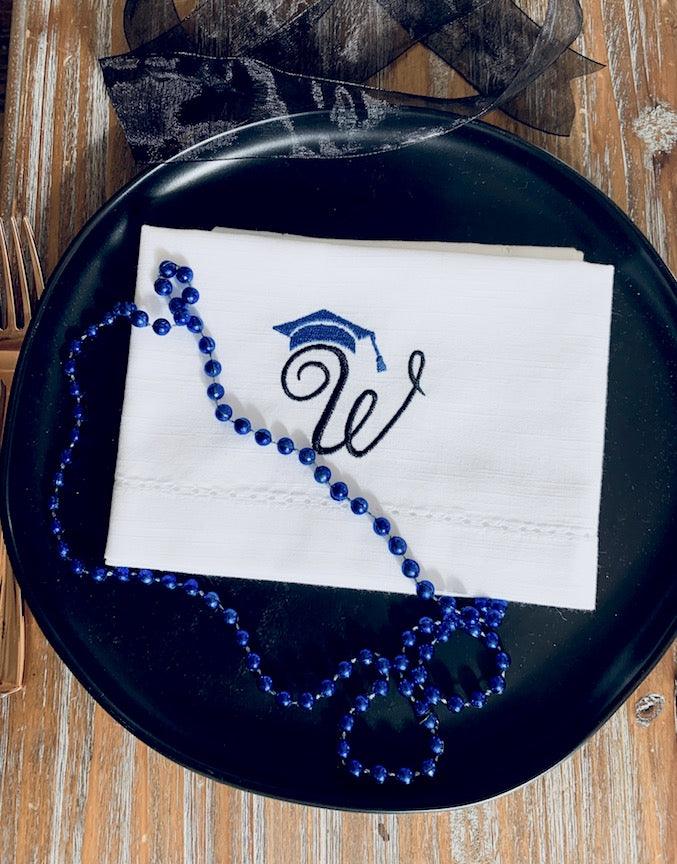 Graduation Monogrammed Cloth Napkins - Set of 4 graduation napkins - White Tulip Embroidery