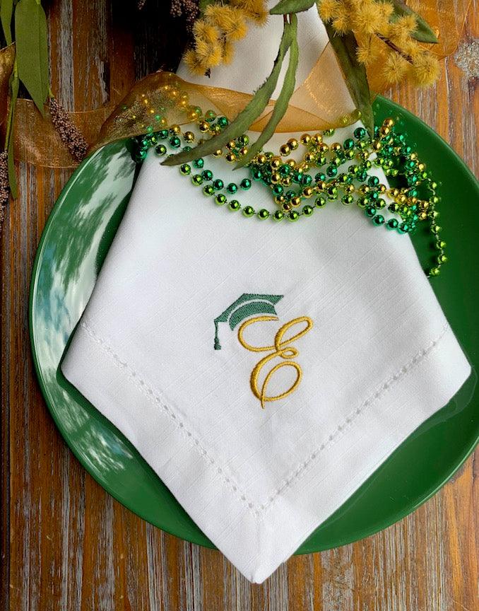 Graduation Monogrammed Cloth Napkins - Set of 4 graduation napkins - White Tulip Embroidery