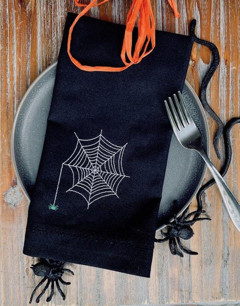 Halloween Spider Napkins - Set of 4 cloth napkins - White Tulip Embroidery