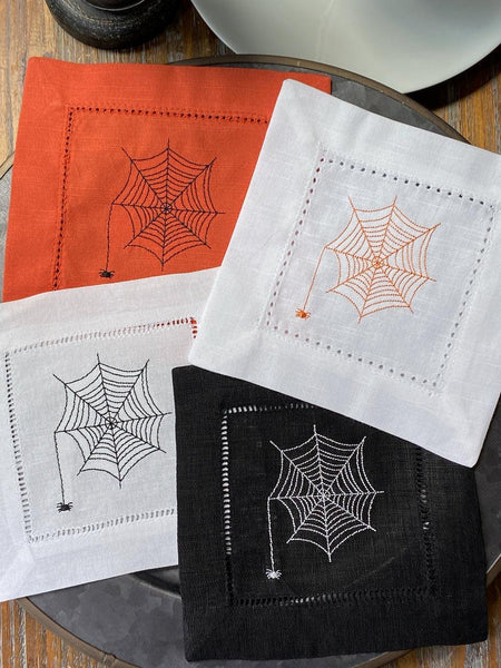Halloween Spider Web Cloth Cocktail Napkins, Set of 4 - White Tulip Embroidery