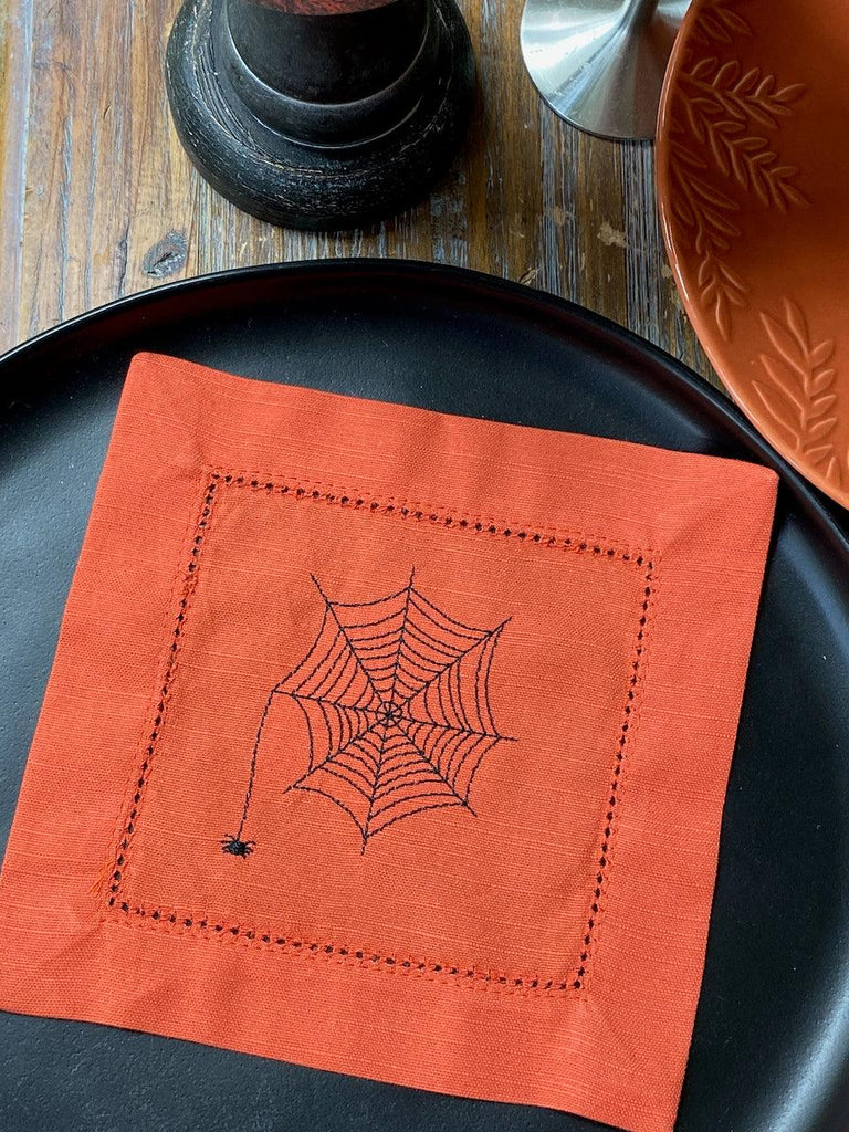 Halloween Spider Web Cloth Cocktail Napkins, Set of 4 - White Tulip Embroidery