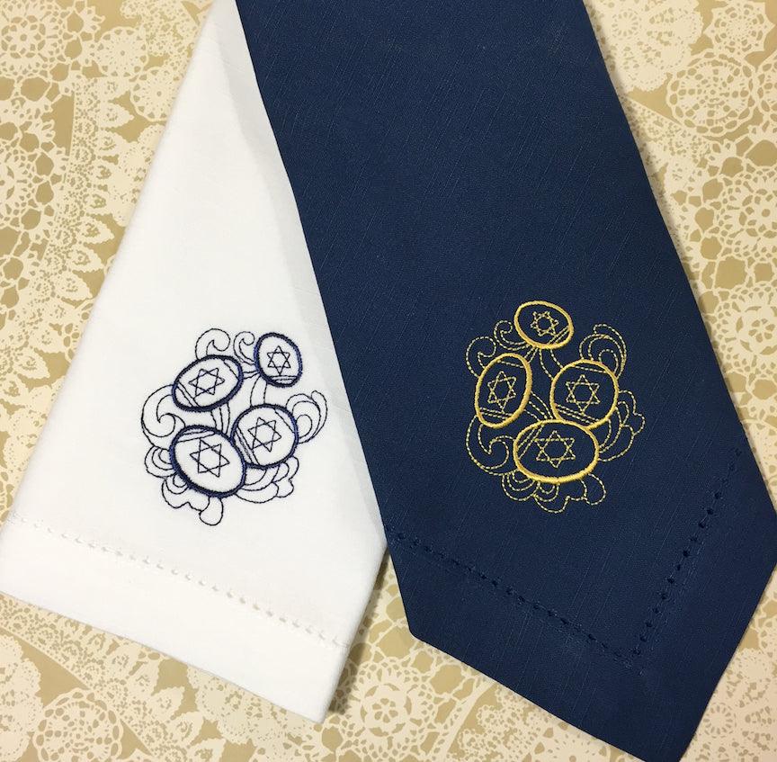 Hanukkah Gelt Cloth Napkins - Set of 4 napkins, Blue Napkins - White Tulip Embroidery