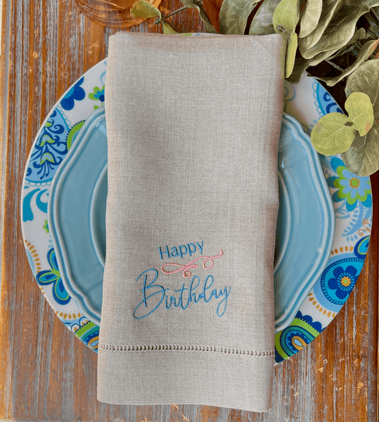 Happy Birthday Embroidered Cloth Napkins - Set of 4 napkins - White Tulip Embroidery