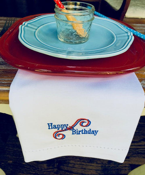 Happy Birthday Embroidered Cloth Napkins - Set of 4 napkins - White Tulip Embroidery
