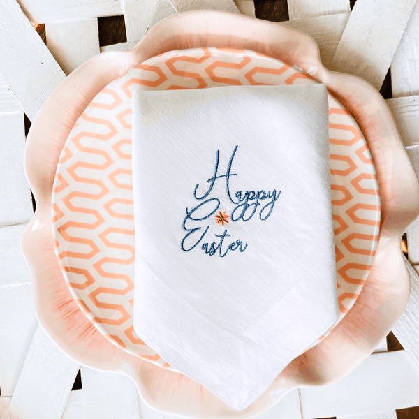 Happy Easter Embroidered Cloth Napkins - Set of 4 - White Tulip Embroidery