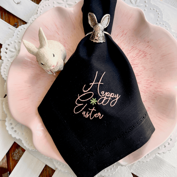 Happy Easter Embroidered Cloth Napkins - Set of 4 - White Tulip Embroidery