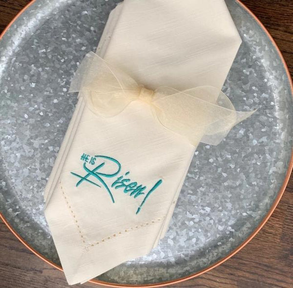 He Is Risen Easter Cloth Napkins - Set of 4 napkins - White Tulip Embroidery