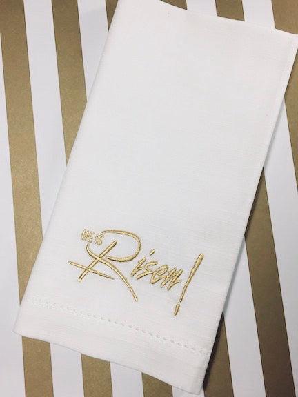 He Is Risen Easter Cloth Napkins - Set of 4 napkins - White Tulip Embroidery