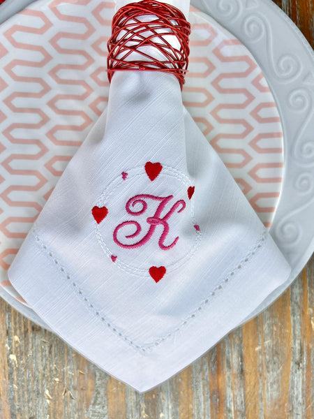 Heart Monogrammed Cloth Dinner Napkins - Set of 4 napkins - White Tulip Embroidery
