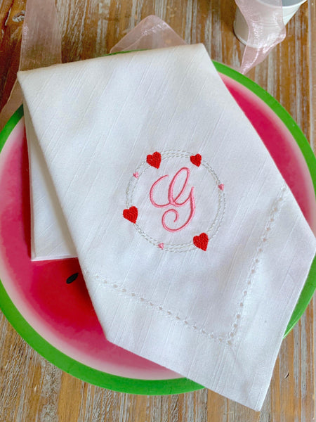 Heart Monogrammed Cloth Dinner Napkins - Set of 4 napkins - White Tulip Embroidery