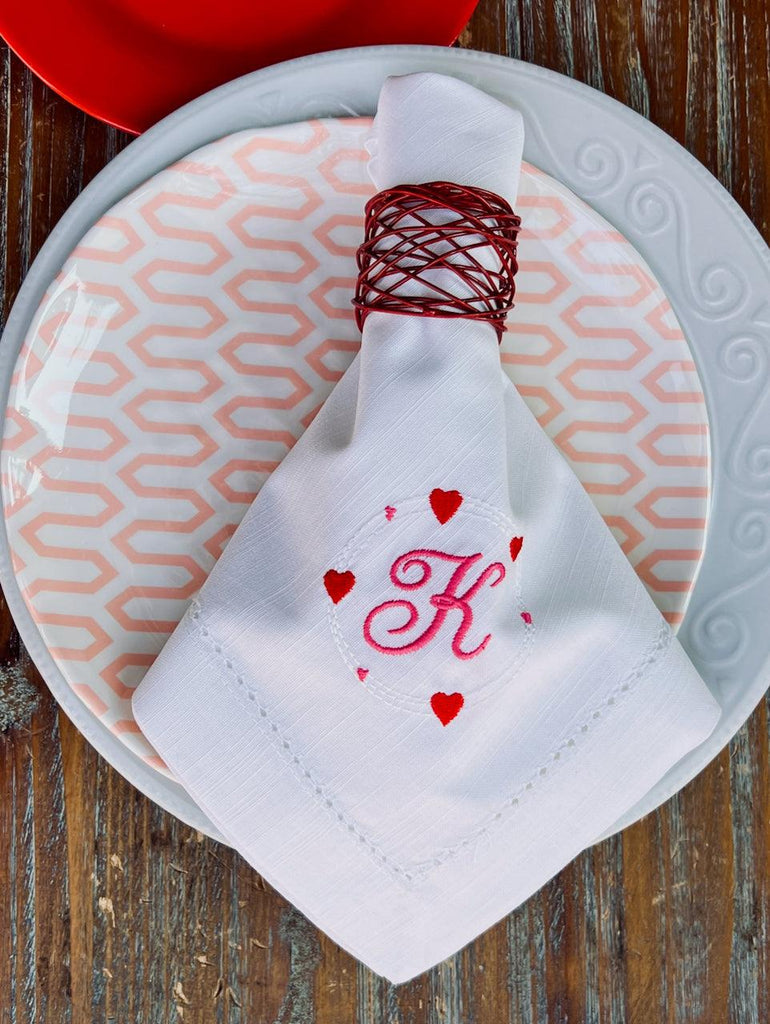 Heart Monogrammed Cloth Dinner Napkins - Set of 4 napkins - White Tulip Embroidery