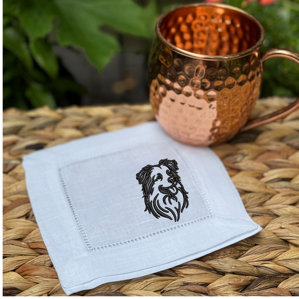 Australian Shepard Cloth Linen Cocktail Napkins, Set of 4 Dog Cocktail Napkins - White Tulip Embroidery