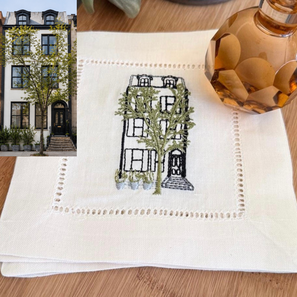 Custom House Embroidered Linen Cocktail Napkins, Set of 4, Housewarming Gift, gift from realtor, personalized napkins - White Tulip Embroidery