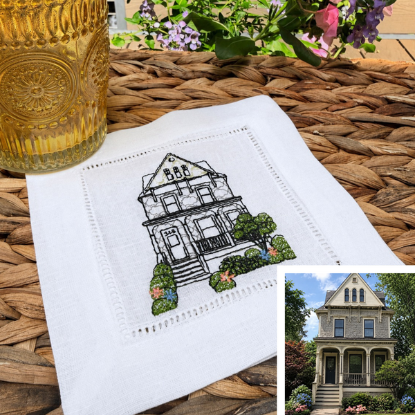 Custom House Embroidered Linen Cocktail Napkins, Set of 4, Housewarming Gift, gift from realtor, personalized napkins - White Tulip Embroidery