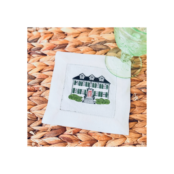Custom House Embroidered Linen Cocktail Napkins, Set of 4, Housewarming Gift, gift from realtor, personalized napkins - White Tulip Embroidery