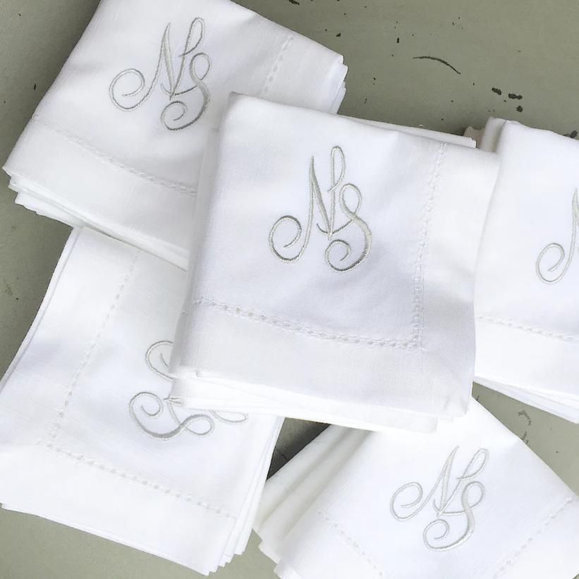 Two Letter Bulk Monogrammed Wedding Napkins, Set of 100, Embroidered Cloth Dinner Napkins - White Tulip Embroidery