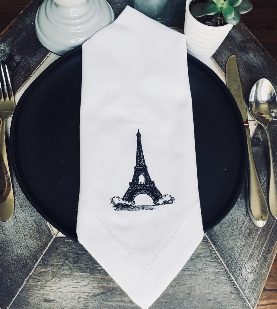 Eiffel Tower Embroidered Cloth Napkins - Set of 4 napkins - White Tulip Embroidery