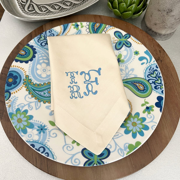 Ornate Monogrammed Embroidered Cloth Napkins,  Set of 4, Three letter monogram, wedding linens, embroidered napkins, Courtney block format - White Tulip Embroidery