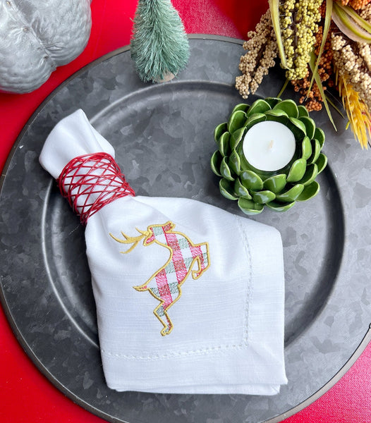 Plaid Reindeer Napkins, Set of 4, Christmas cloth napkins, Plaid napkins, Reindeer embroidered napkins - White Tulip Embroidery