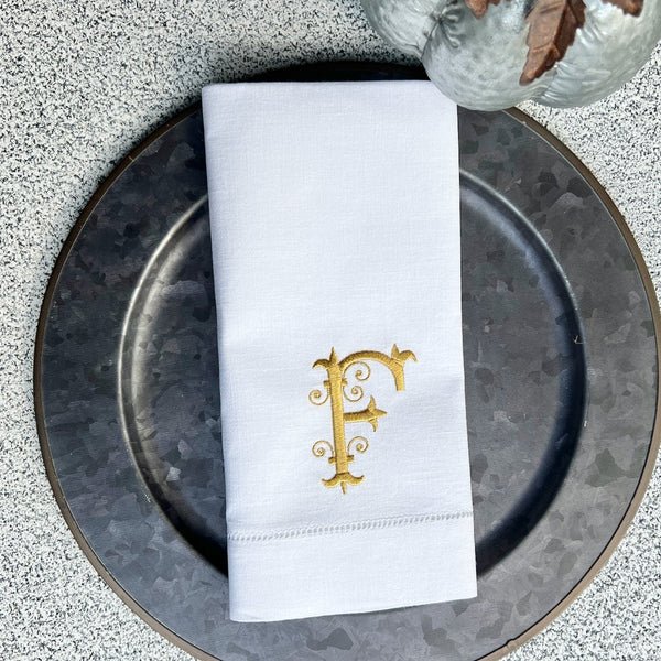 Monogrammed Embroidered Cloth Napkins,  Set of 4, Sharon Font monogrammed napkins, vintage monogrammed napkins, ornate monogram - White Tulip Embroidery