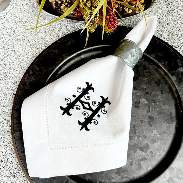 Monogrammed Embroidered Cloth Napkins,  Set of 4, Sharon Font monogrammed napkins, vintage monogrammed napkins, ornate monogram - White Tulip Embroidery