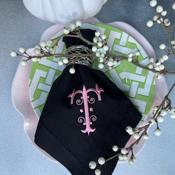 Monogrammed Embroidered Cloth Napkins,  Set of 4, Sharon Font monogrammed napkins, vintage monogrammed napkins, ornate monogram - White Tulip Embroidery