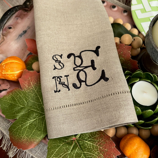 Ornate Monogrammed Embroidered Cloth Napkins,  Set of 4, Three letter monogram, wedding linens, embroidered napkins, Courtney block format - White Tulip Embroidery