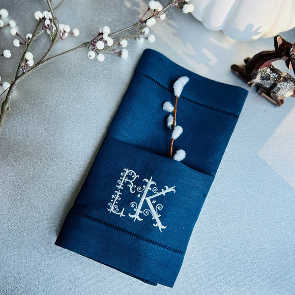 Ornate Monogrammed Embroidered Cloth Napkins,  Set of 4, Three letter monogram, wedding linens, embroidered napkins, sharon block format - White Tulip Embroidery