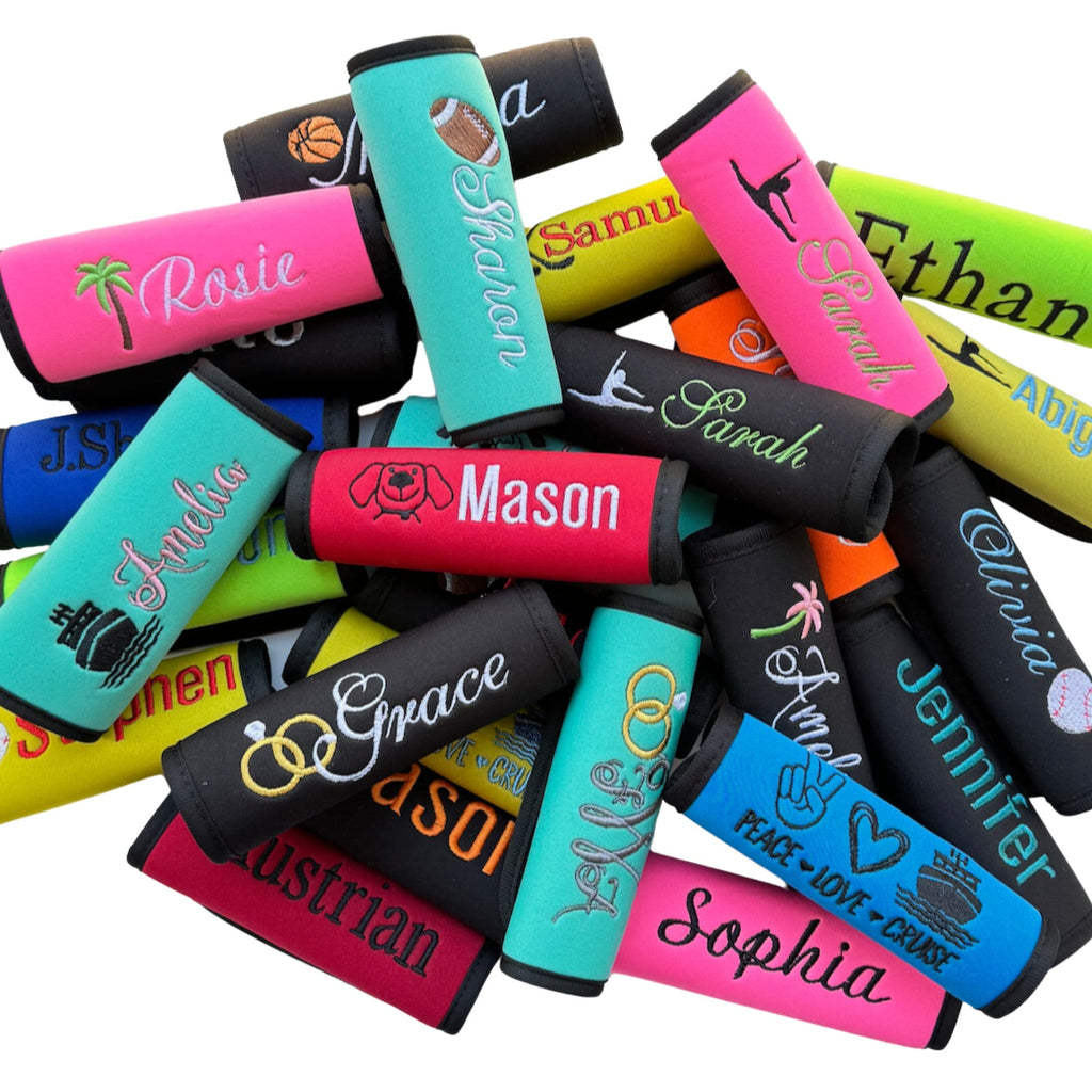 Palm Tree Name Luggage Handle Wrap Personalized and Embroidered, Name Suitcase Tag - White Tulip Embroidery