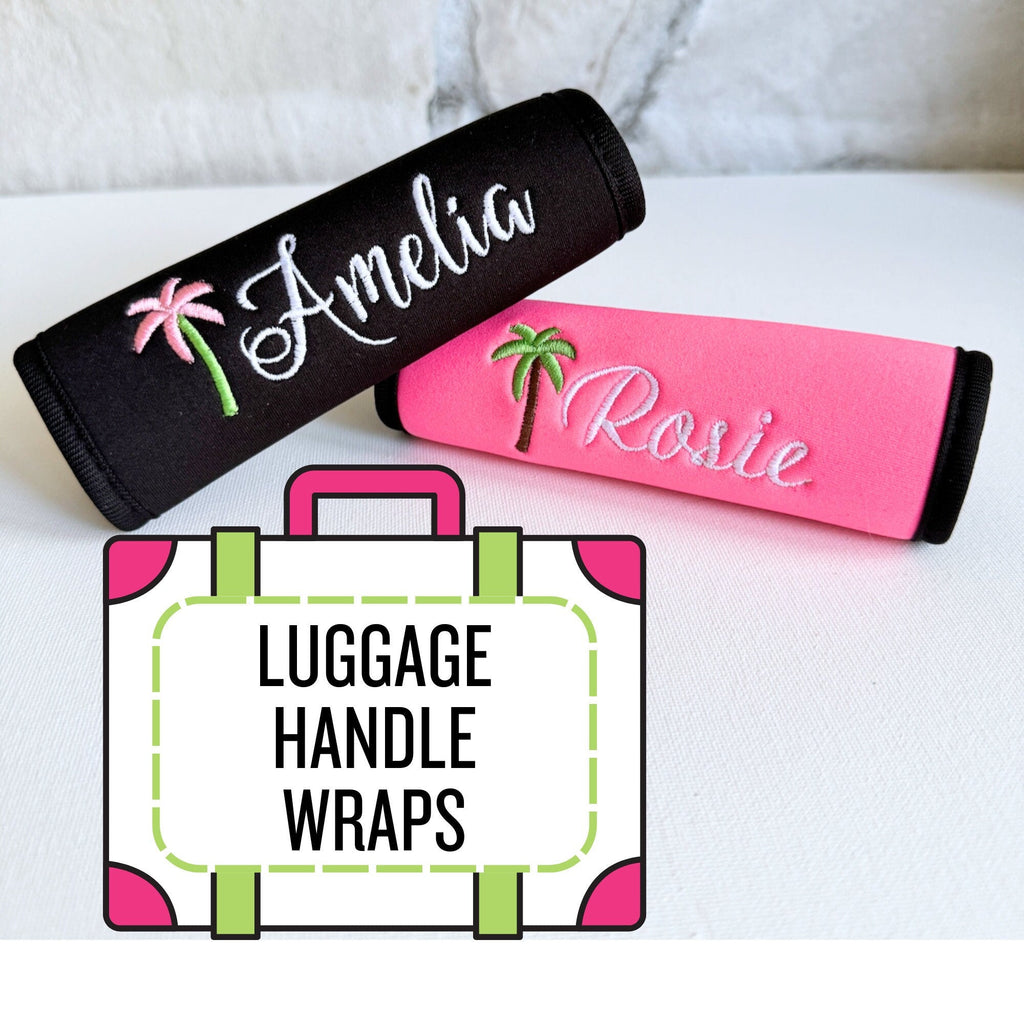 Palm Tree Name Luggage Handle Wrap Personalized and Embroidered, Name Suitcase Tag - White Tulip Embroidery